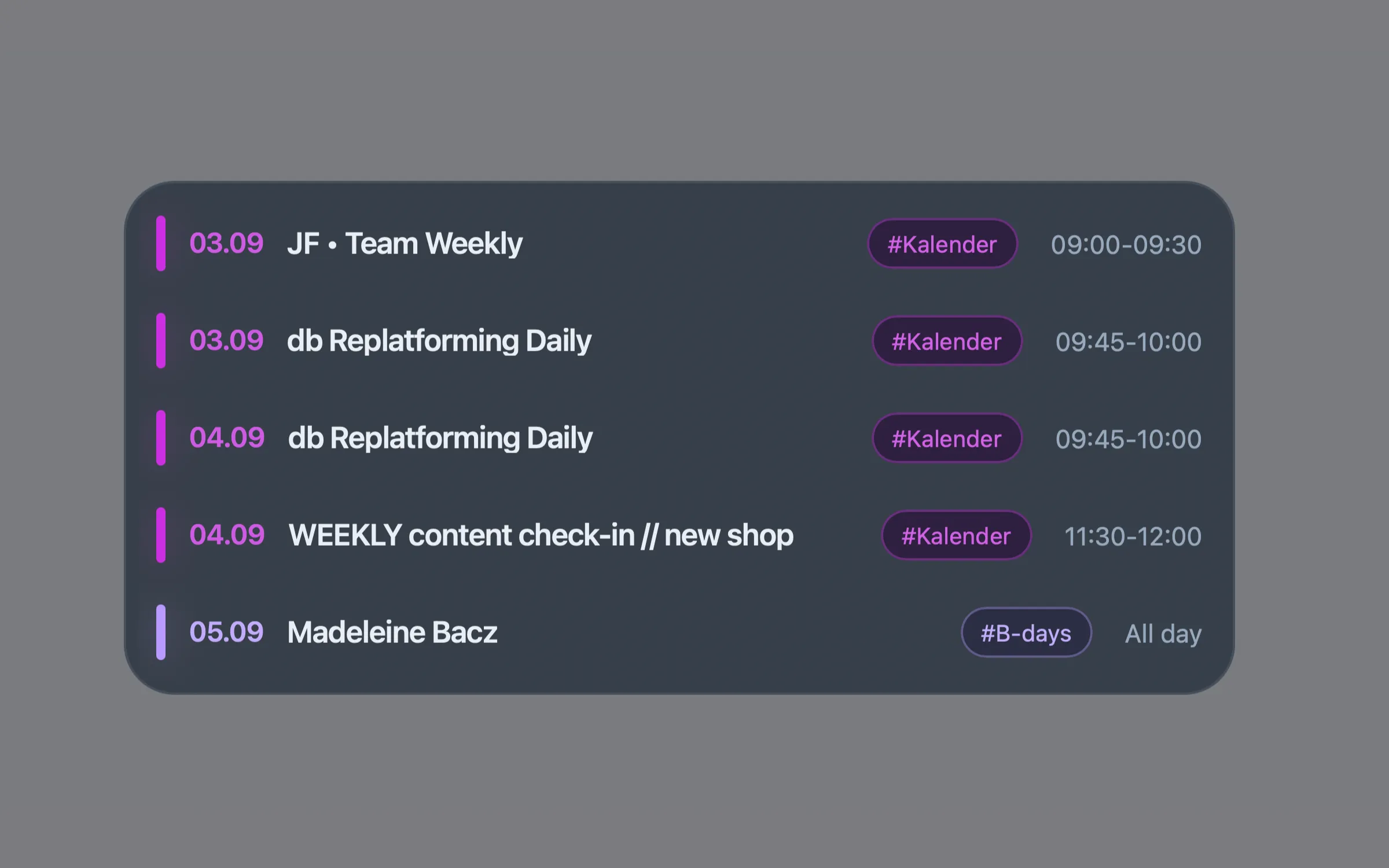 Calendar widget showing upcoming events