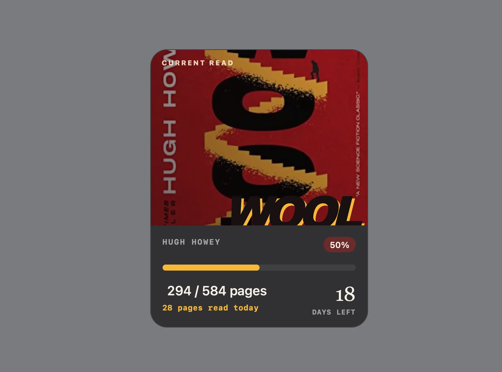 Reading widget showing progress through Wool by Hugh Howey
