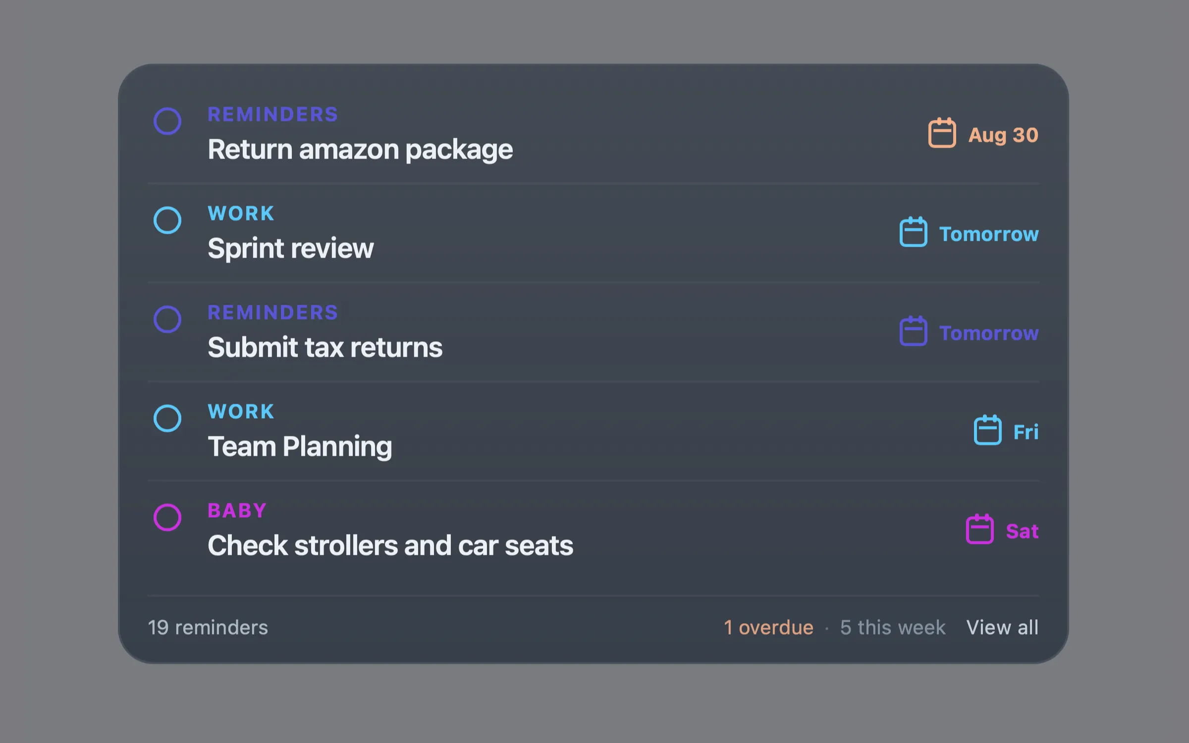 Reminders widget showing a task list